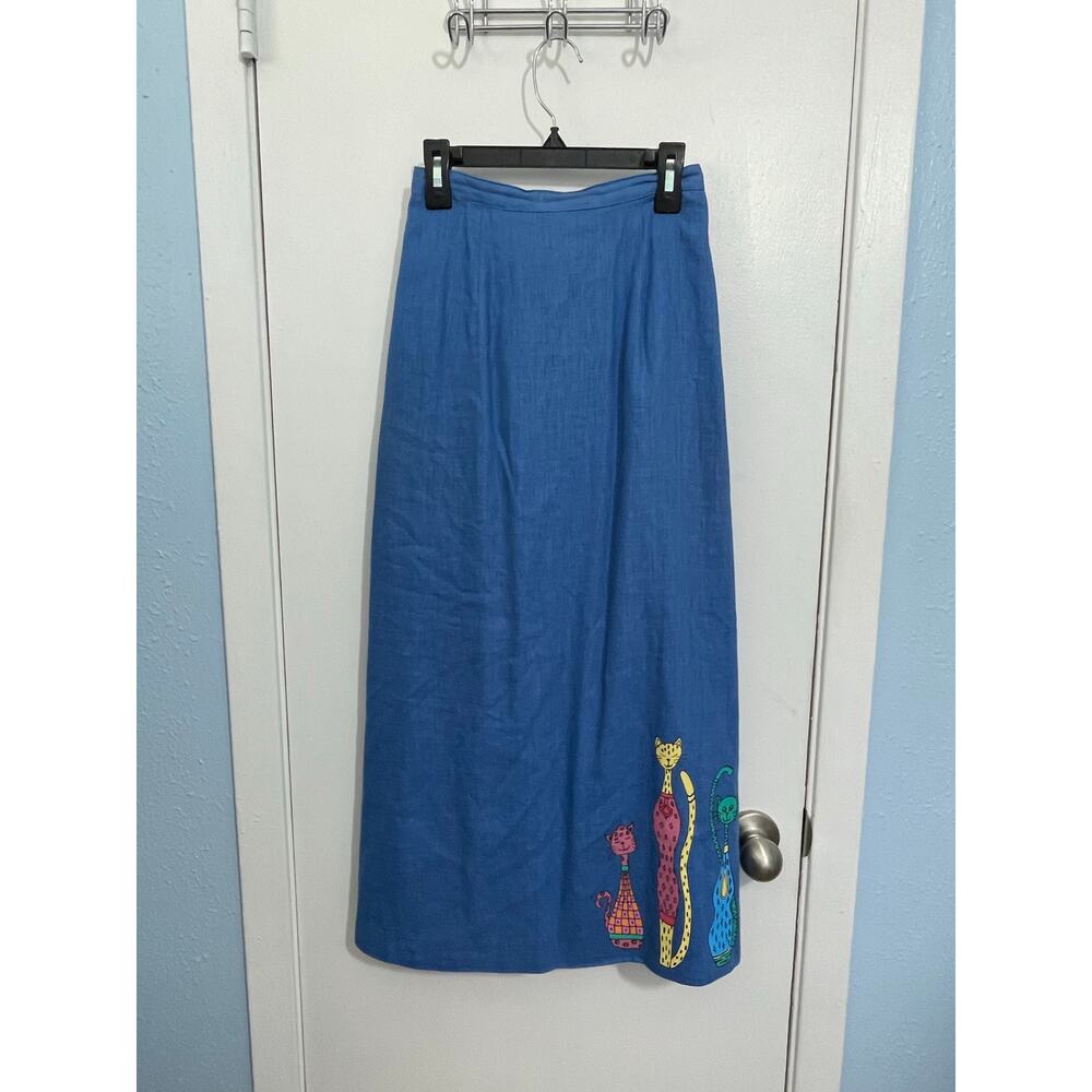 Vintage Stonebridge Linen Blend Maxi Skirt XXS Blue Painted Whimsical Cats Artsy